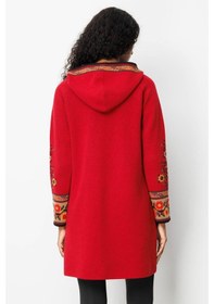 Resim Desen Triko Kadın Kapüşonlu Kilim Jakarlı Püsküllü Yün Kaban K.kırmızı Kırmızı 