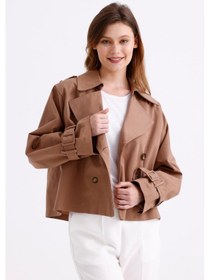 Resim Pastelastore %100 Pamuk Gabardin Astarlı Oversize Geniş Kalıp Kadın Crop Kısa Trençkot 1122 Koyu Bej 