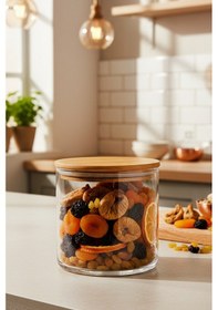 Resim Snippy Melo - 6'lı Bambu Vakum Kapaklı Orta Boy Cam Saklama Kabı Seti Bakliyat Erzak Kavanozu 680 Ml Şeffaf 