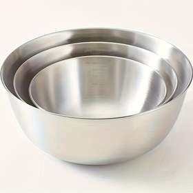 Resim 3 adet Paslanmaz Çelik Salata Kasesi Seti, Sebze Temalı Tasarımlı Dayanıklı Karıştırma Kapları, Çizilmeye Dirençli, Yuvarlak Fırçalanmış Metal Bitiş, Ev ve Karavan Mutfak Kullanımı için Pişirme, Fırınlama, Karıştırmak ve Yiyecek Saklama için İdeal 