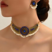 Resim Bollywood Style 1 Pair Of Earrings + 1 Choker Vintage Jewelry Set Tribal Design 14k Gold Plated Inlaid Rhinestone Red Or Blue Make Your Call Match Daily Outfits 