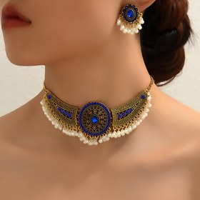 Resim Bollywood Style 1 Pair Of Earrings + 1 Choker Vintage Jewelry Set Tribal Design 14k Gold Plated Inlaid Rhinestone Red Or Blue Make Your Call Match Daily Outfits 