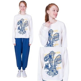 Resim Kız Çocuk Neon Tavşan Baskılı Tasarım Teenage Sweatshirt-13402-ekru Ekru 