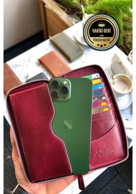 Resim Leo Antik Bordo Unisex Hakiki Deri Telefon Bölmeli Cüzdan Bordo 