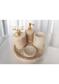 Resim Sarı Traverten Klasik Model 5 Parça Gold Renk Geyik Aksesuarlı Banyo Seti Sarı Traverten 