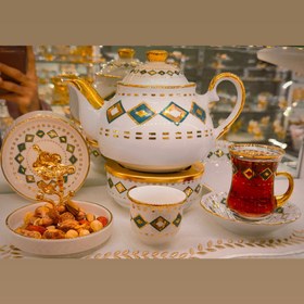 Resim Turkuaz Baklava Çay, Mırra ve Demlikli Set | 6 Kişilik Osmanlı Tarzı Lüks Sunum Takımı | Turkish Tea & Coffee Set with Teapot - 6 tabak ve 6 bardak 