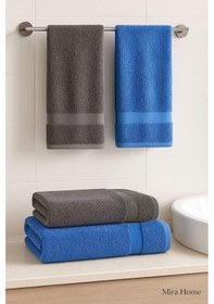 Resim 4 Parça Banyo Havlu Takımı %100 Pamuklu Dry Antrasit Mavi 