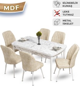 Resim Canisa Concept Mun Serisi, 80x132 Açılabilir Mdf Beyaz Mermer Desenli Mutfak Masası Takımı, 6 Krem Sandalye 