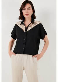 Resim Lela Dantelli Relaxed Fit Kısa Kollu Bayan Gömlek 5865764 Siyah 