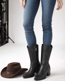 Resim Melinta Shoes Melinta Kadın Siyah Deri Nakıışlı Kovboy Çizme 