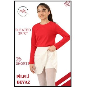 Resim Kız Çocuk Pilel Ekru / Beyaz Etek Yüksek Bel Içi Şortlu Likra Kumaş Okul-oyun-spor-etkinlik Eteği 4103 Ekru/ Beyaz 