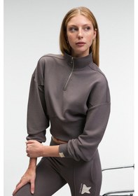 Resim Grimelange THALIA Kadın Arka Baskılı Ve Patch Detaylı Fermuarlı Dik Yakalı Antrasit Sweatshirt 