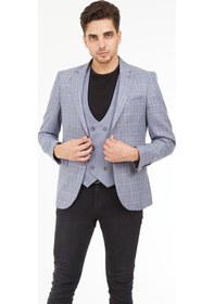 Resim Sposo 5140 Yelekli Dar Kalıp Gri Ekose Erkek Blazer Ceket Gri 