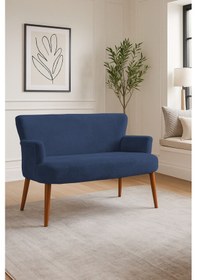 Resim Roma Modern İkili Koltuk - Welsoft Yumuşak Kumaş - Ahşap Ceviz Renk Ayak - Lacivert Mavi 