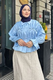 Resim Fiyonklu Büzgülü Gömlek - Bebe Mavisi 