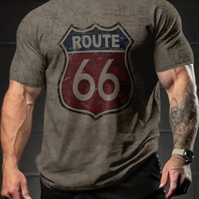 Resim Erkekler için Vintage Route 66 Grafikli Tişört - Eskitme Retro Tasarım, Spor Salonu ve Günlük Kullanım İçin Nefes Alabilir Kısa Kollu Tee, Makinede Yıkanabilir Normal Kalıp Yenilikçi Üst, Vintage T-Shirtlar 