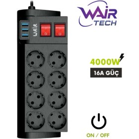 Resim 4000W, 16A, Akım Korumalı Priz 8xpriz, 3xusb, 2mt Kablo, Çoklayıcı 