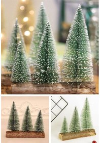 Resim Meşe Kütük Üzerinde Çam Ağaçları 3 Lü Set Nevada Mini Çam Ağaçları Yılbaşı Hediyesi 16-12-10 Cm Çam Ağaçları 16 CM 