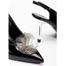 Resim Kadın Abiye Stiletto Siyah Rugan Metal Çiçek Aksesuarlı Galvaniz Ökçe Kaplamalı-3671 Siyah 