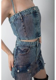 Resim Denim Crop Top Ve Cepli Asimetrik Mini Etek Takım Mavi 