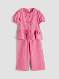 Resim LC Waikiki GÜLİS GİYİM'DEN Pembe Bisiklet Yaka Fiyonk Detaylı Kız Çocuk Bluz ve Pantolon 