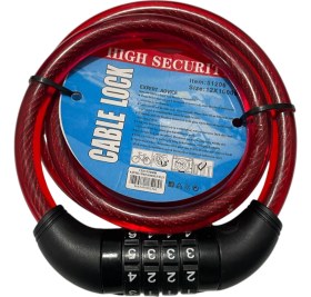 Resim Tvr Bisiklet Şifreli Kilit 12 mm 100 cm Kırmızı ( Ayarlanabilir Şifre ) 
