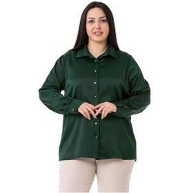 Resim Büyük Beden Saten Dokulu Manşetli Zümrüt Yeşili Gömlek Zümrüt 