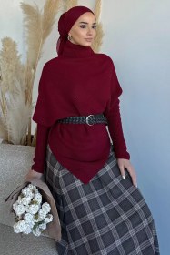 Resim Boğazlı Tesettür Triko Panço Bordo TZL-P-00020201 
