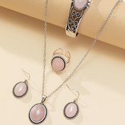 Resim Yeni Avrupa ve Amerikan Tarzı Şık Beş Parça Set: Vintage Moda Doğal Pembe Taş Kolye, Küpe, Yüzük ve Bileklik Kadınlar İçin 