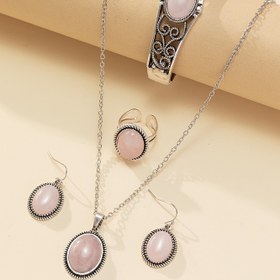 Resim Yeni Avrupa ve Amerikan Tarzı Şık Beş Parça Set: Vintage Moda Doğal Pembe Taş Kolye, Küpe, Yüzük ve Bileklik Kadınlar İçin 