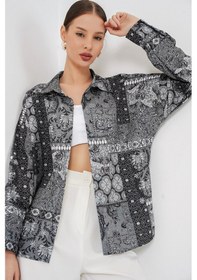 Resim Bigdart Kadın Oversize Desenli Saten Gömlek 20365 - Antrasit 