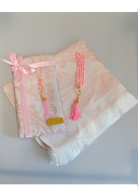Resim Kişiye Özel Pamuk Dokulu Seccade Ve İnci Tesbih Özel Hediye Seti Pembe 