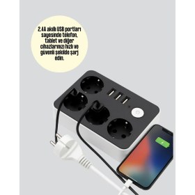 Resim K-Yonlineticaret 3 USB Çıkışlı 4’lü Akıllı Priz 2500W 2 Metre Kablo 