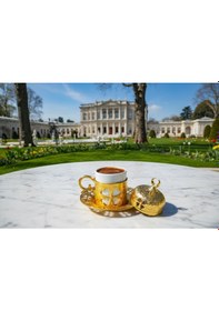 Resim Yonca Desenli 6 Kişilik Porselenli Kapaklı 24 Parça Altın Renk Fincan Seti Altın 