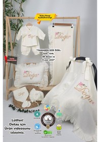 Resim Gros Shop Müslin Yeni Doğan 4katlı Organik %100pamuk Kişiye Özgü Nakışlı Hastane Çıkış Seti Çiçekli Model-1 Ekru-3 