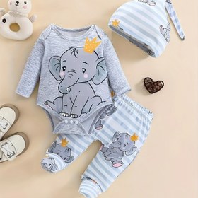 Resim Çocuklar İçin Sevimli Haier Karikatür Küçük Fil Yuvarlak Yaka Uzun Kollu Tek Parça Haier Baskılı Moda Küçük Fil Rahat Pantolon + Şapka 3'lü Set 