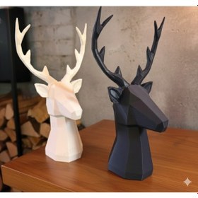 Resim Geometrik Geyik Başı Dekoratif Heykel - 3d Baskı Siyah & Beyaz 25 Cm 