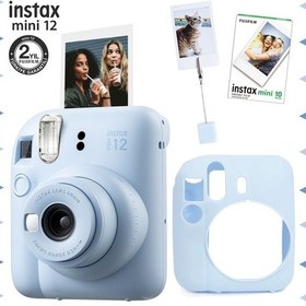 Resim Fujifilm Instax Mini 12 Fotoğraf Makinesi + 10'lu Film + Kıskaçlı Resim Standı + Silikon Kılıf Seti Mavi 