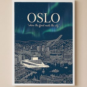 Resim Oslo Line Art Print - Navy Opera House Fjord Aurora Borealis Skyline Wall Art - Wooden Frame - White / 8,3 x 11,7" (21x30) 