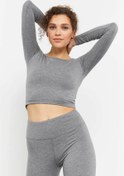 Resim TOMMY LIFE Gri Melanj Uzun Kollu Dar Kalıp O Yaka Kadın Crop Top T-shirt - 97150 