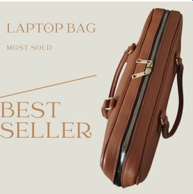 Resim Hakiki Deri 15 İnç Laptop Çantası - El Dikimi Özel Tasarım Bilgisayar Çantası - Taba Taba Deri 