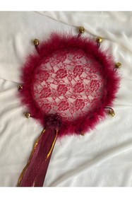 Resim LE FANTASİA 1Adet Tüylü & Dantelli Gelin kına Tefi 24cm Çap - BORDO&GOLD 