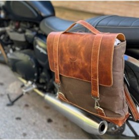 Resim Motosiklet Çantası, Motosiklet Yan Çantası, Deri Çanta, Mumlu Kanvas, Geçme Kilitli Kahverengi Addison 