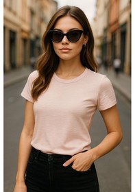Resim Kadın %100 Organik Pamuklu Relaxed Yıkamalı T-shirt Bisiklet Yaka Kısa Kollu Kadın Basic Tişört Pembe 