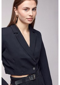 Resim Saade Sââde Kadın Regular Fit Kruvaze Kapama Dokuma Crop Blazer Ceket -şık & Spor Siyah 