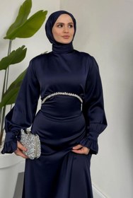 Resim Tesettür Diyarı Ahur Taşlı Kolları Fırfırlı Saten Tesettür Abiye- Lacivert 