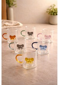 Resim 6 Lı Cam Renkli Fiyonk Kurdele Bardak Çay Bardağı Kupa 220ml Şeffaf 