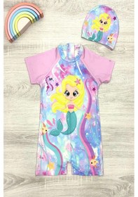 Resim My Kids Wear Dalgıç Kumaş Gizli Fermuarlı Boneli Karakter Desenli Kız Çocuk Mayo Mor - Lacivert 