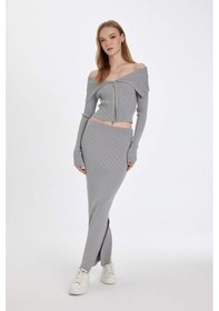 Resim DeFacto Slim Fit Dar Kesim Esnek Belli Basic Düz Yırtmaçlı Maxi Triko Etek D5390AX24AUGR90 Gri 