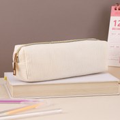 Resim 1 adet Bej Kadife Kalem Kutusu, Polyester Fermuarlı Kırtasiye Düzenleyici, Okul, Ofis ve Ev Gereçleri için Geniş Çok Amaçlı Kılıf, Kalemlik 